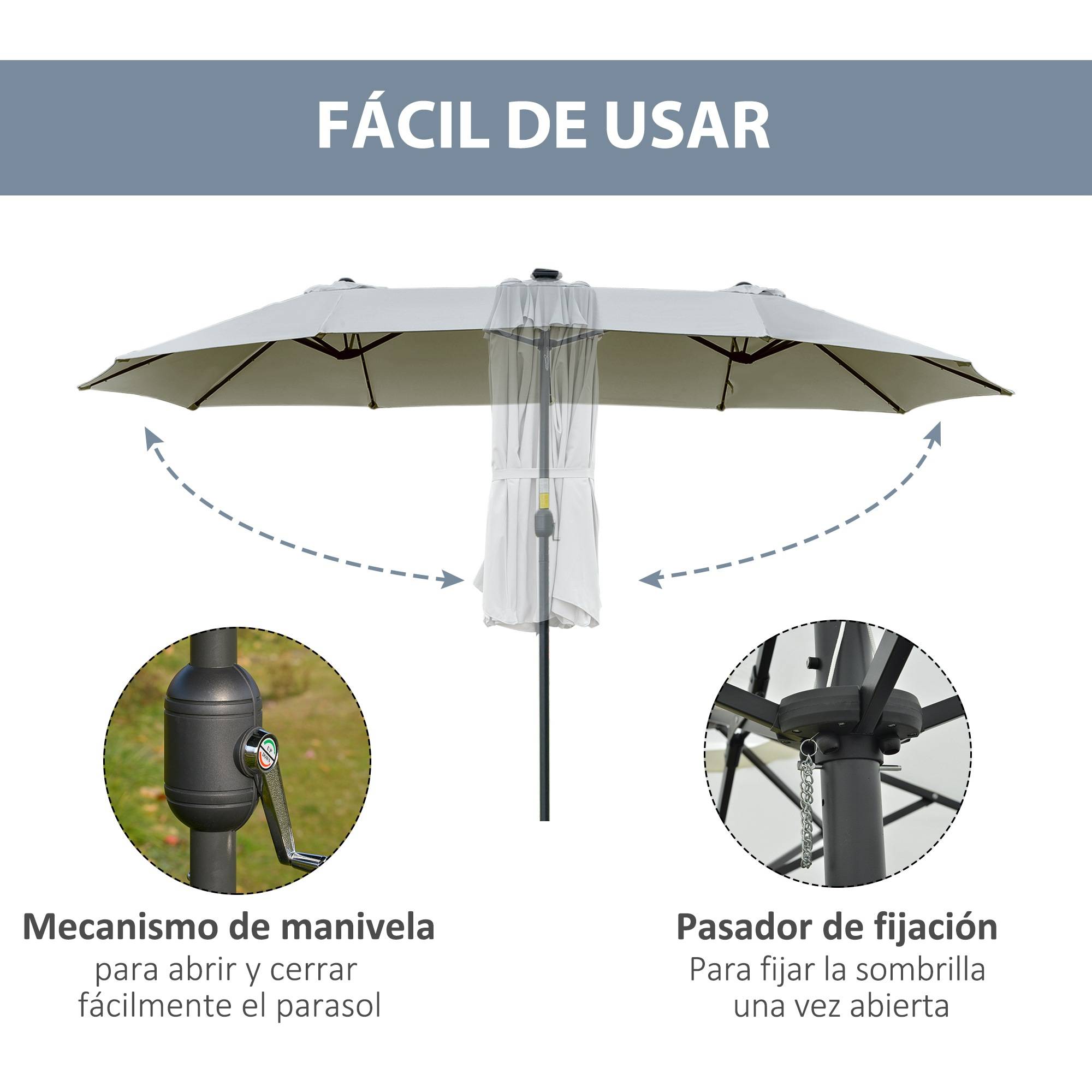 Parasol double 450x265x240 cm, 48 LED, manivelle, protection solaire, terrasse balcon piscine, gris clair - Image 8