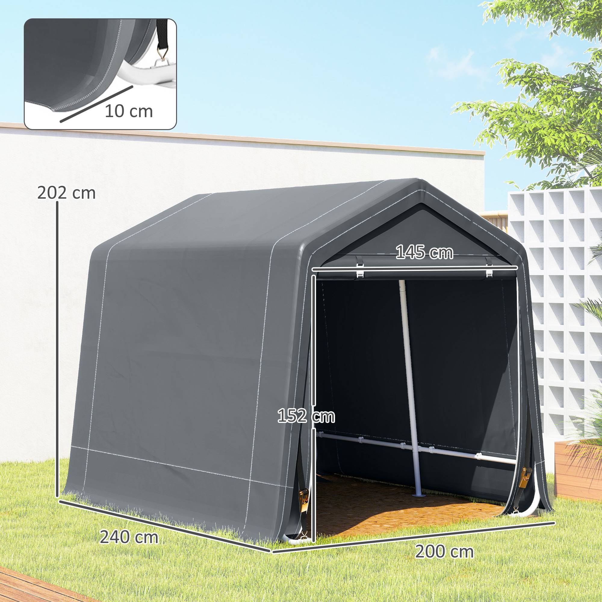 Abri vélo de jardin avec structure métallique, 2 portes zippées, imperméable, résistant aux UV, 2,4 x 2 x 2 m, gris foncé - Image 5