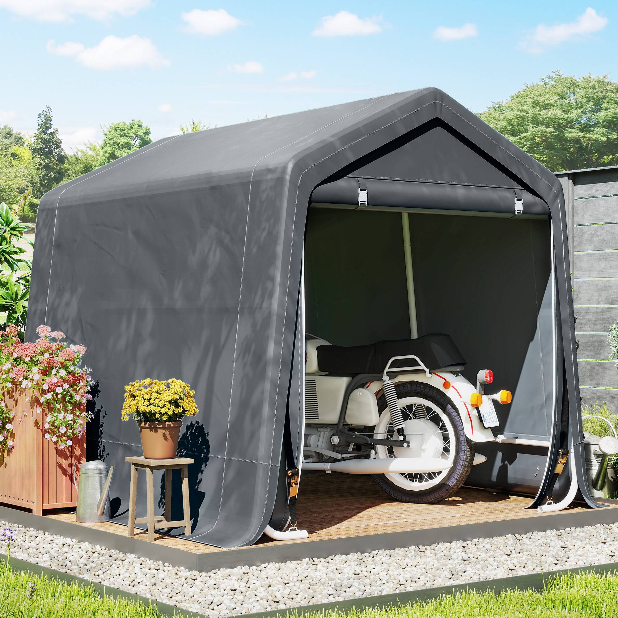 Abri vélo de jardin avec structure métallique, 2 portes zippées, imperméable, résistant aux UV, 2,4 x 2 x 2 m, gris foncé - Image 3