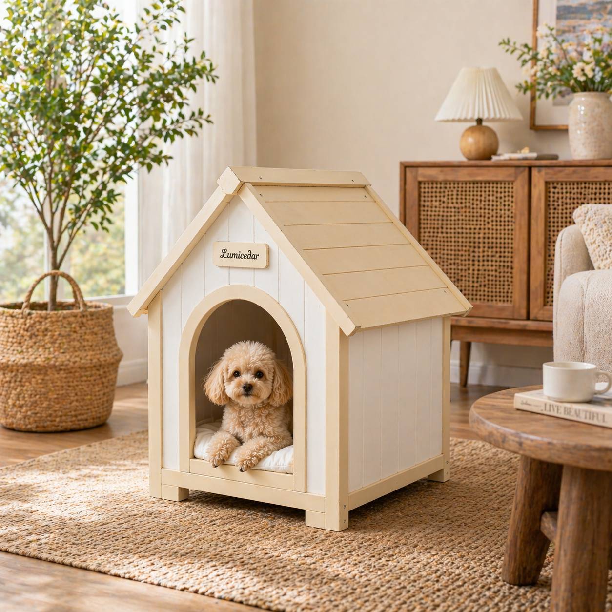 ComfortXL - Maison pour chien bois massif 60 x 55 x 70 cm blanc crème abri intérieur scandinave - ComfortXL Outdoor Living - Image 1