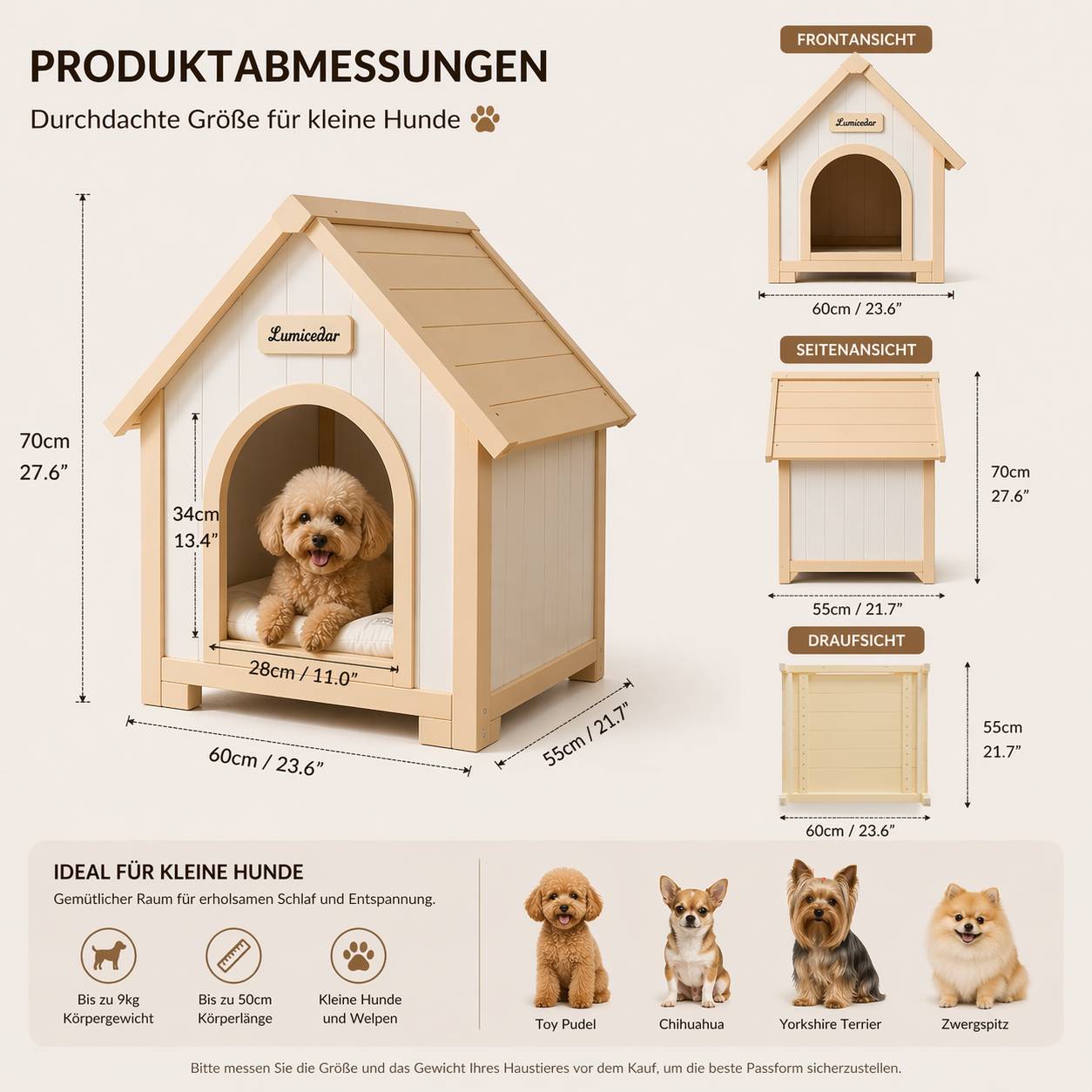 ComfortXL - Maison pour chien bois massif 60 x 55 x 70 cm blanc crème abri intérieur scandinave - ComfortXL Outdoor Living - Image 2