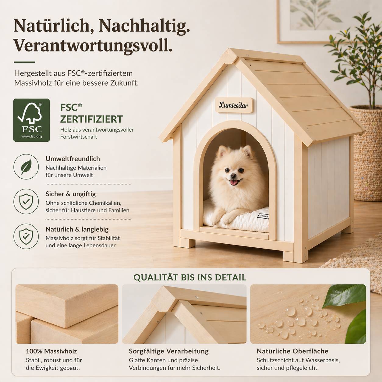 ComfortXL - Maison pour chien bois massif 60 x 55 x 70 cm blanc crème abri intérieur scandinave - ComfortXL Outdoor Living - Image 4