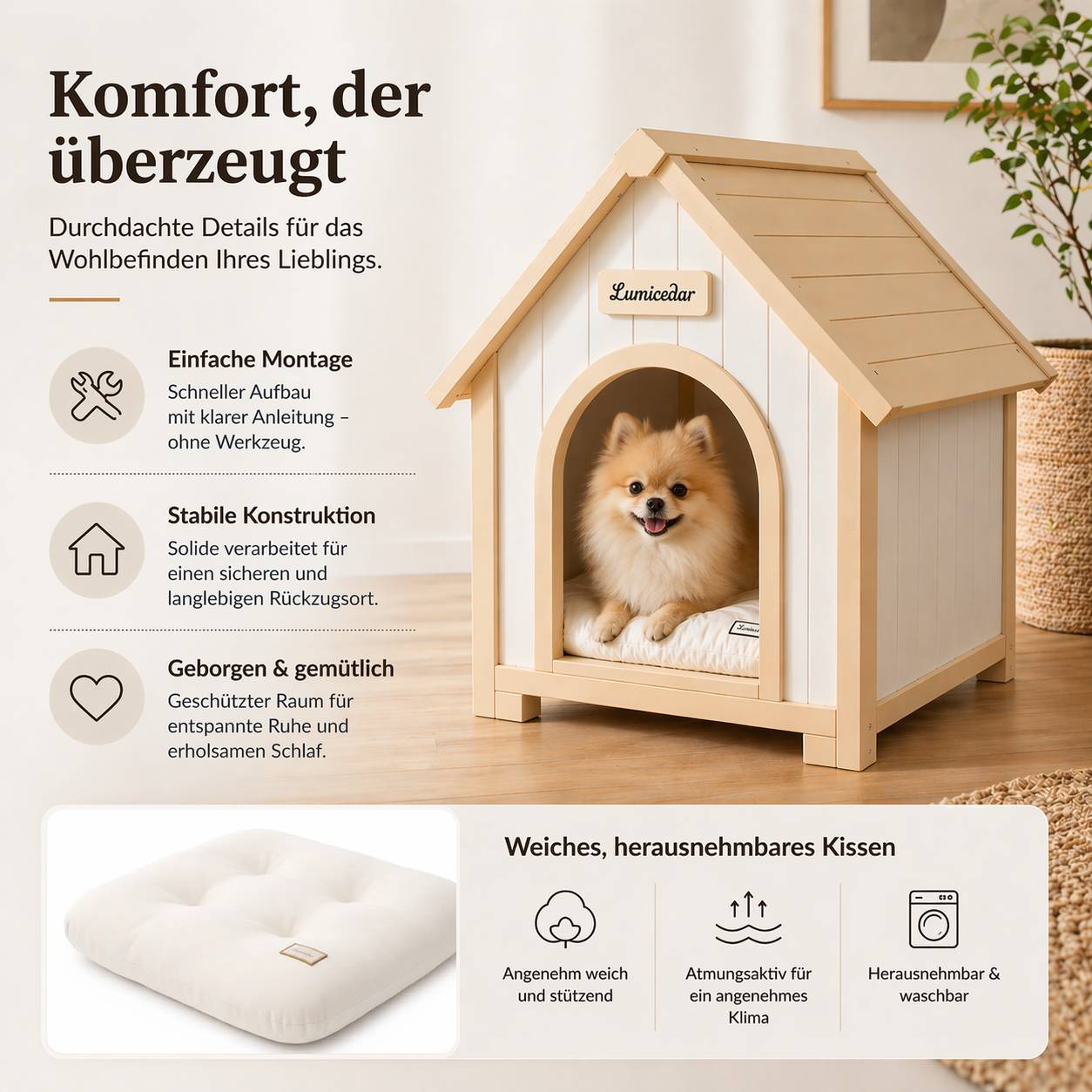 ComfortXL - Maison pour chien bois massif 60 x 55 x 70 cm blanc crème abri intérieur scandinave - ComfortXL Outdoor Living - Image 5