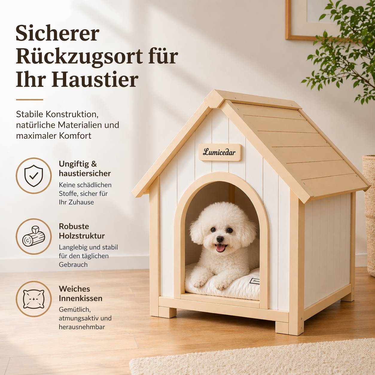 ComfortXL - Maison pour chien bois massif 60 x 55 x 70 cm blanc crème abri intérieur scandinave - ComfortXL Outdoor Living - Image 6