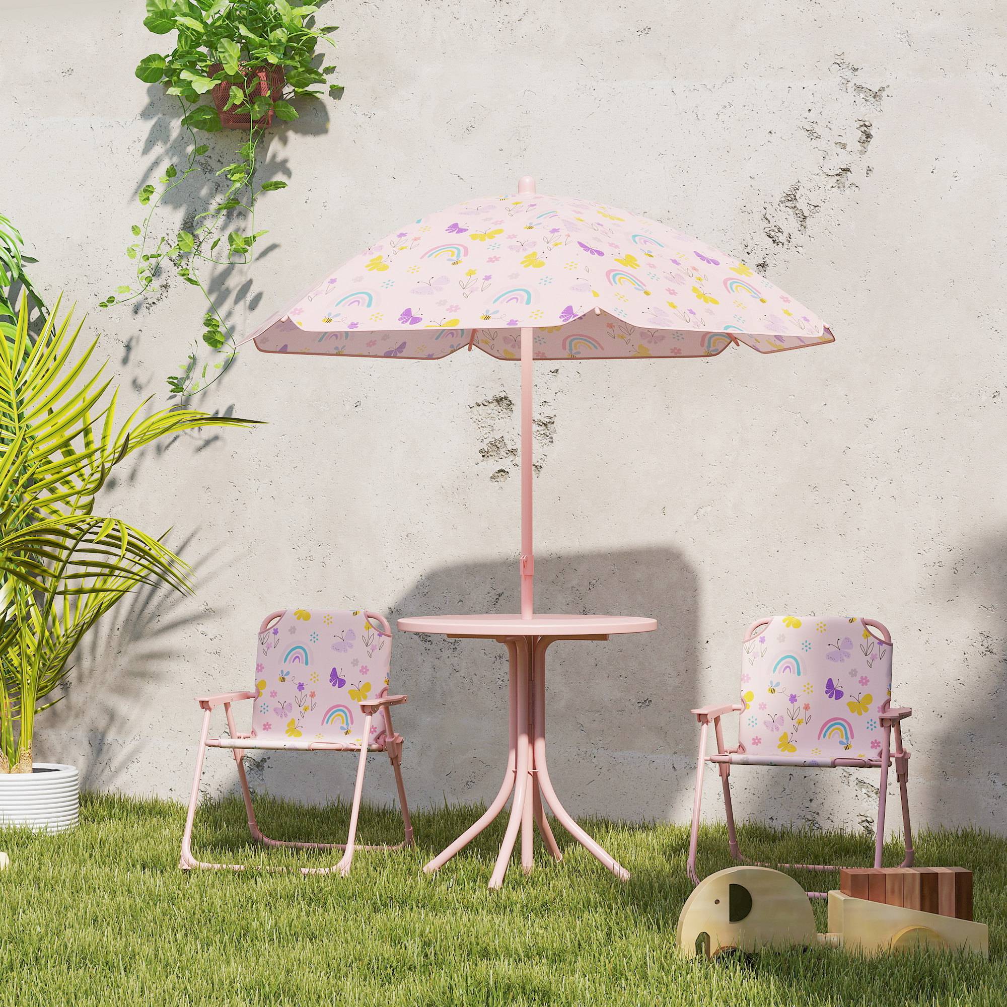 Ensemble jardin enfant pliable avec 2 chaises, table et parasol réglable, 2-5 ans, rose - Image 4