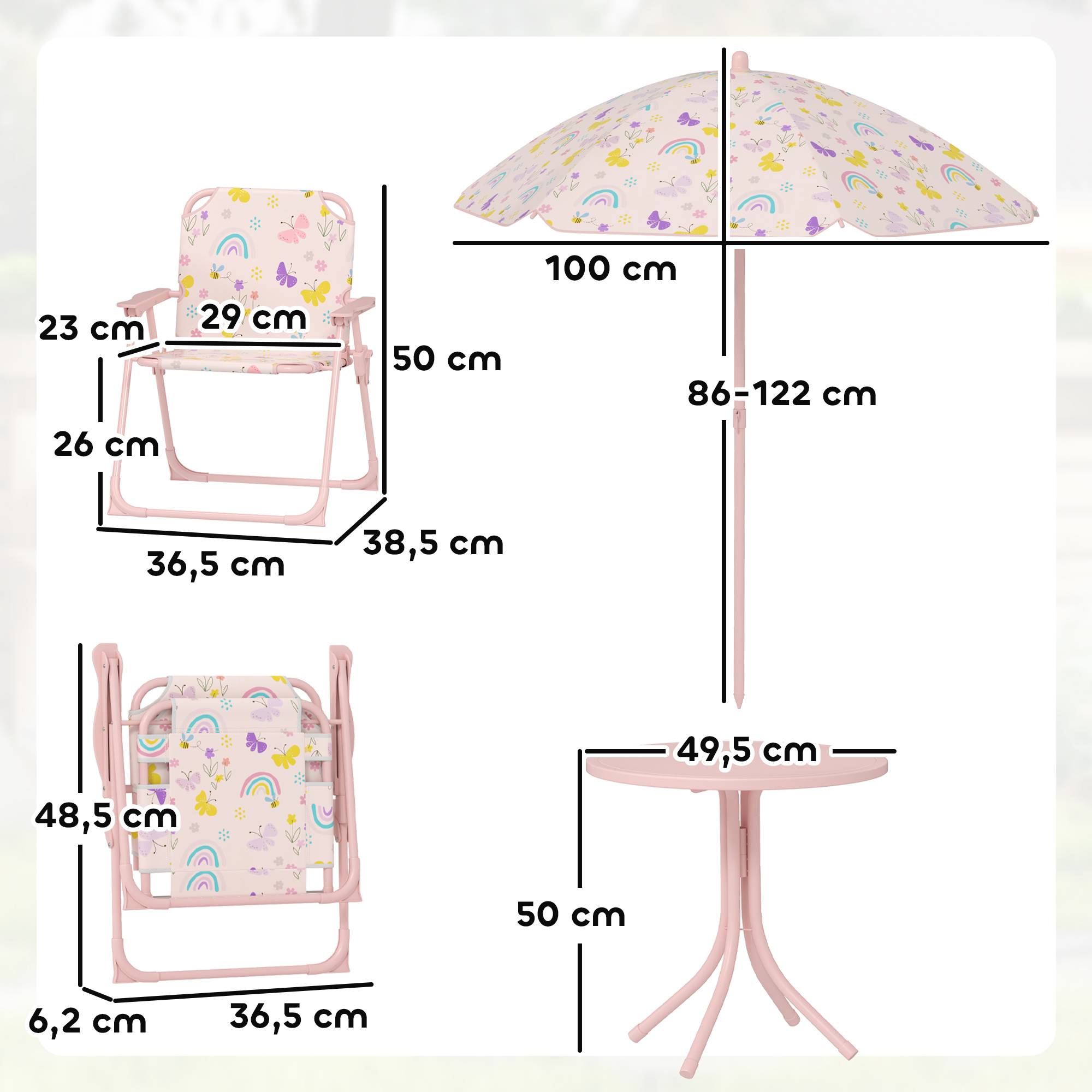 Ensemble jardin enfant pliable avec 2 chaises, table et parasol réglable, 2-5 ans, rose - Image 5