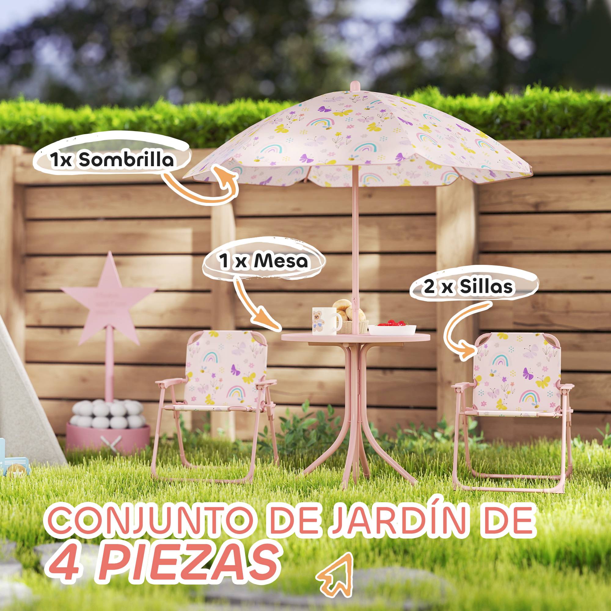 Ensemble jardin enfant pliable avec 2 chaises, table et parasol réglable, 2-5 ans, rose - Image 6