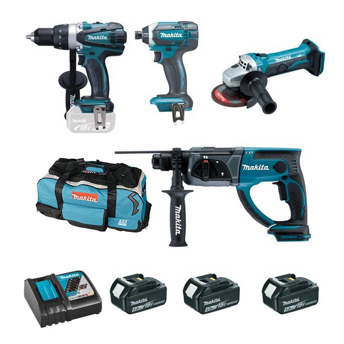 Makita - Ensemble de 4 machines 18V, Perceuse DDF458 + Meuleuse DTD152 + Perfo DHR202 + Visseuse DGA452 - MAKITA - 3 Batteries 18V 4.0Ah - chargeur - sac de tr