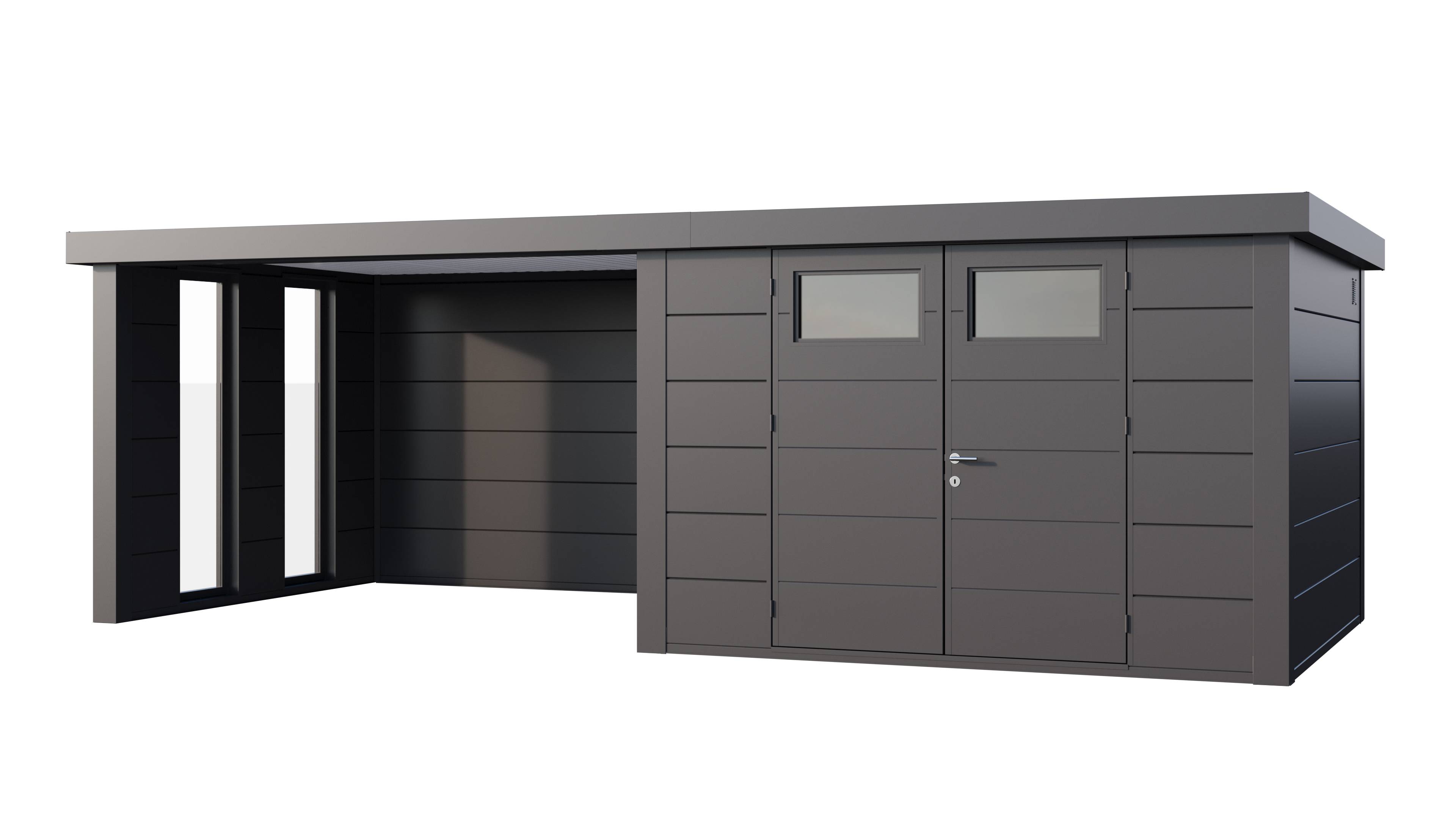 Telluria - Abri de jardin en acier de 8,9 m² anthracite CLASSICO 3030 avec auvent 10,2 m² fermé à gauche et 2 fenêtres - TELLURIA - Image 1