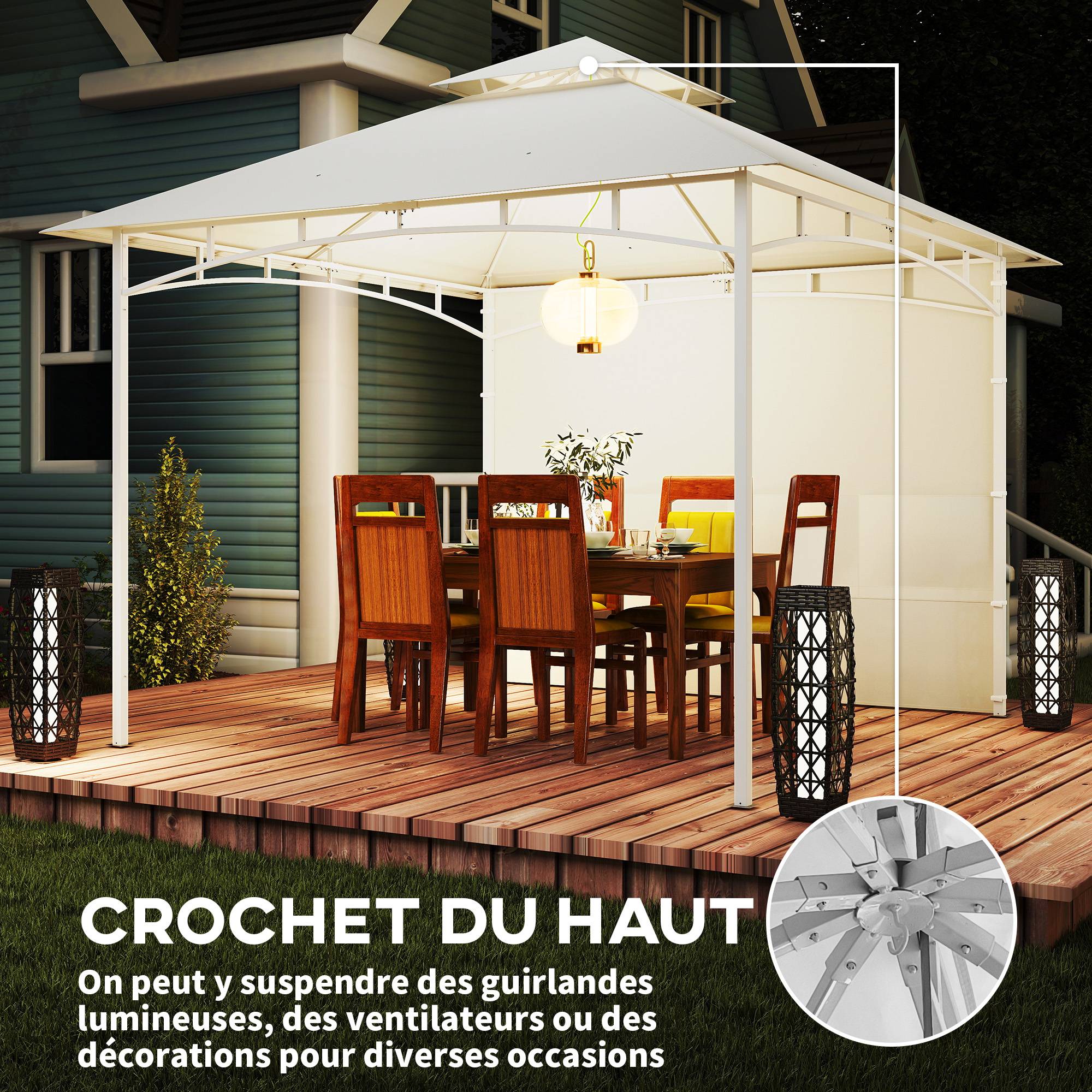 Pavillon Tonnelle de Jardin Toit Double Rideaux et Poches de Rangement Crochet de Plafond 3 x 3 m Crème - Image 9
