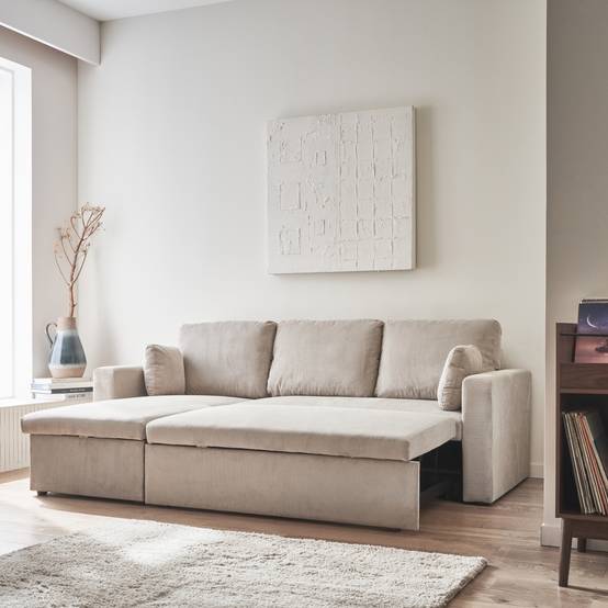 sweeek - Canapé d'angle convertible en velours côtelé grège - IDA - 3 places. fauteuil d'angle réversible coffre rangement lit modulable | sweeek - Image 1