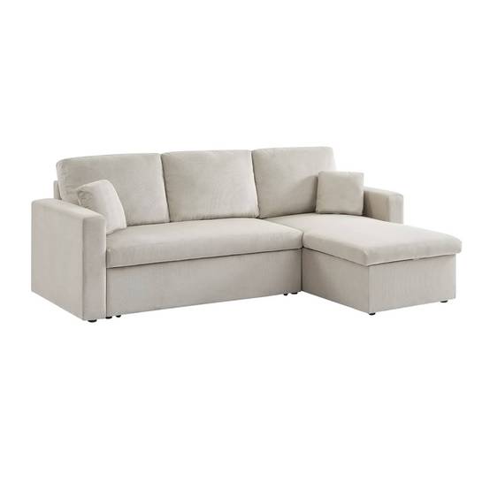 sweeek - Canapé d'angle convertible en velours côtelé grège - IDA - 3 places. fauteuil d'angle réversible coffre rangement lit modulable | sweeek - Image 2