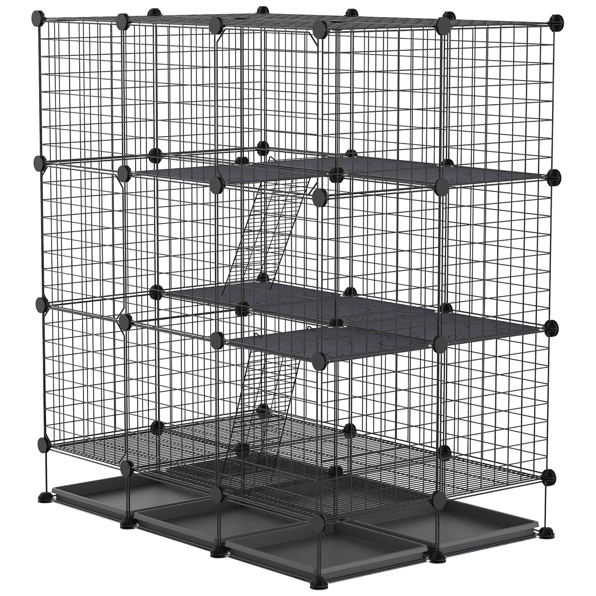 Sans Marque - Parc cages rongeurs modulable 111x75x119 cm 3 niveaux 4 portes grillage métallique noir - Image 2