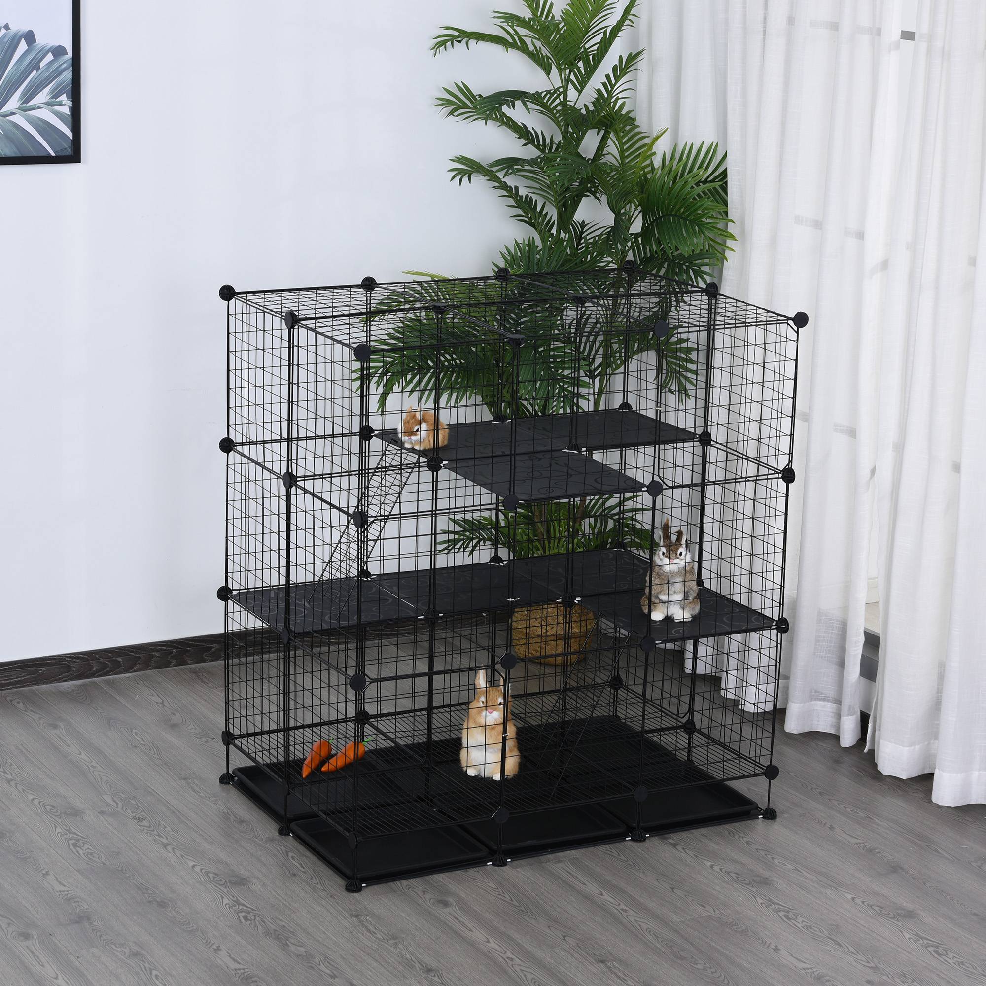 Sans Marque - Parc cages rongeurs modulable 111x75x119 cm 3 niveaux 4 portes grillage métallique noir - Image 4
