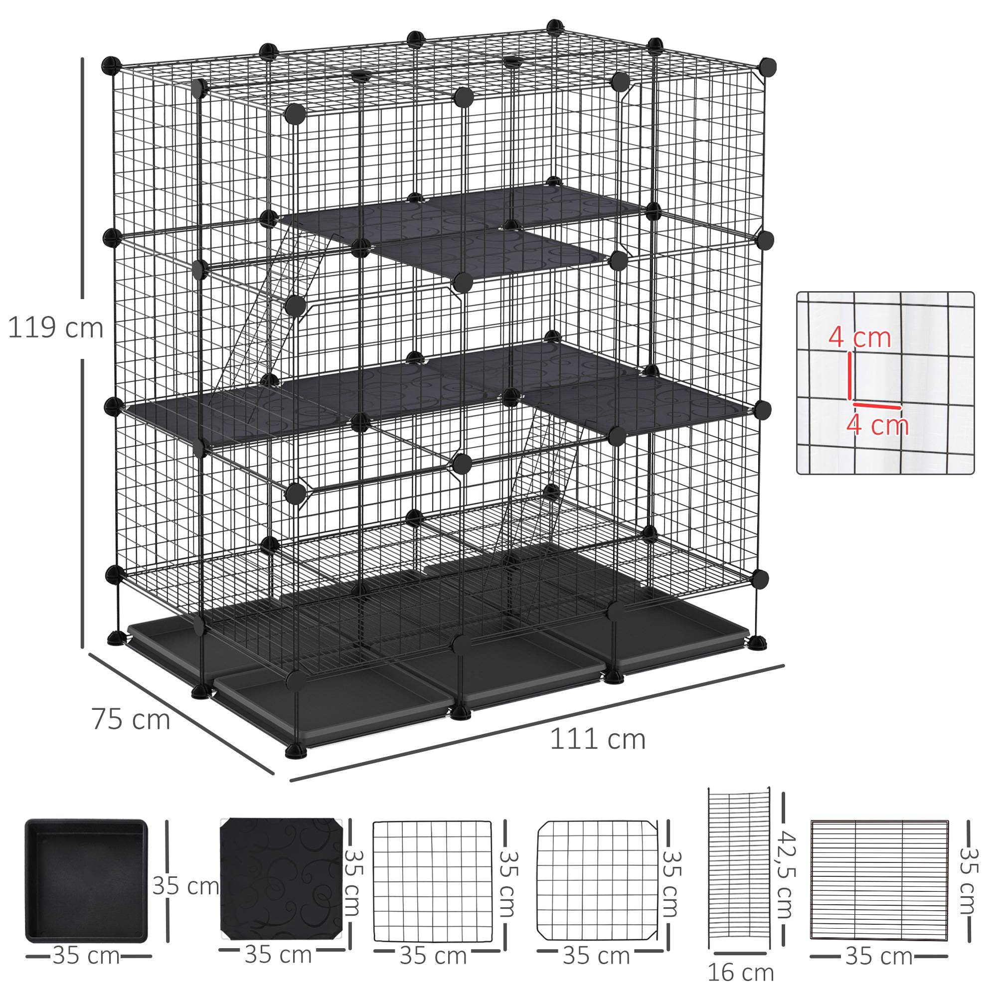 Sans Marque - Parc cages rongeurs modulable 111x75x119 cm 3 niveaux 4 portes grillage métallique noir - Image 5
