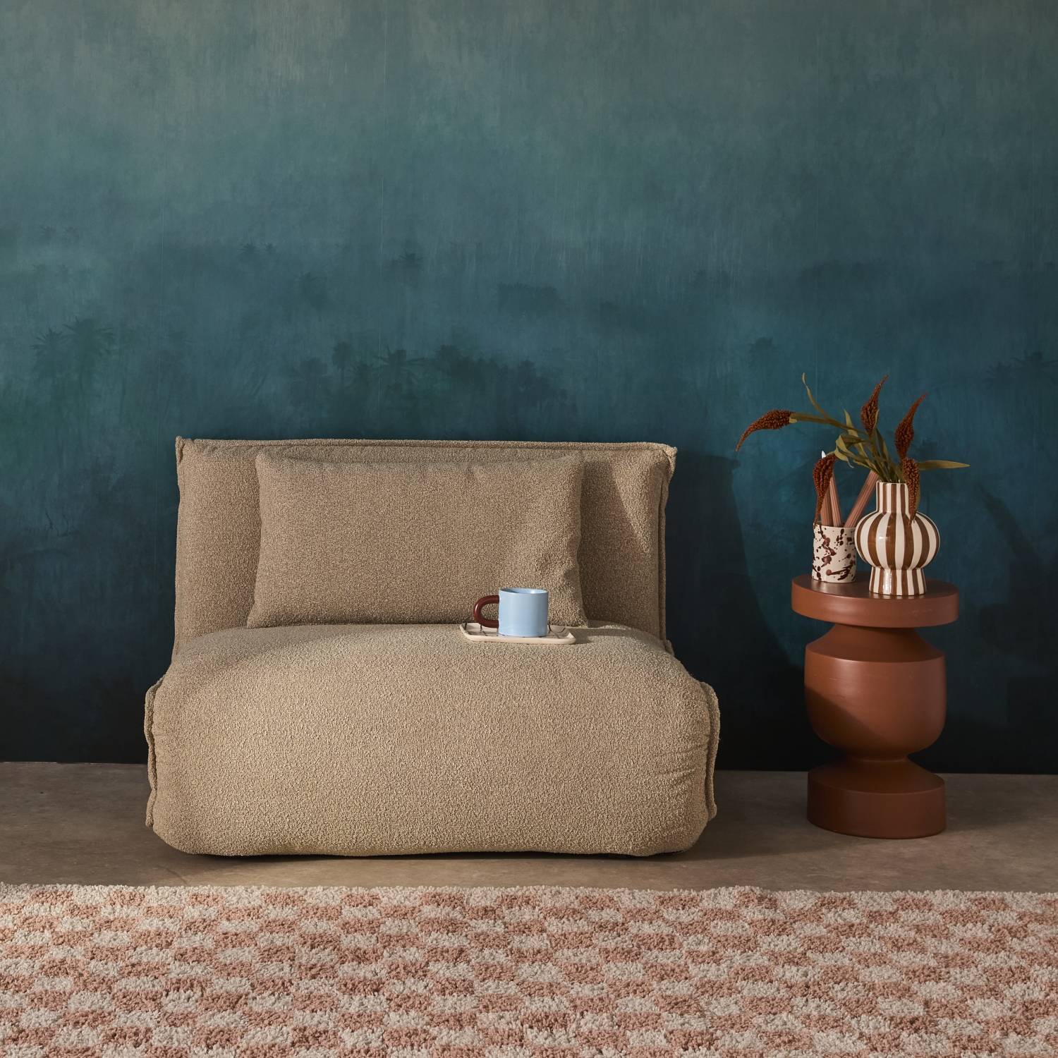 sweeek - Chauffeuse convertible 1 place en bouclette texturée beige L 99 x P 80 x H 66 cm - Fleeep | sweeek - Image 1