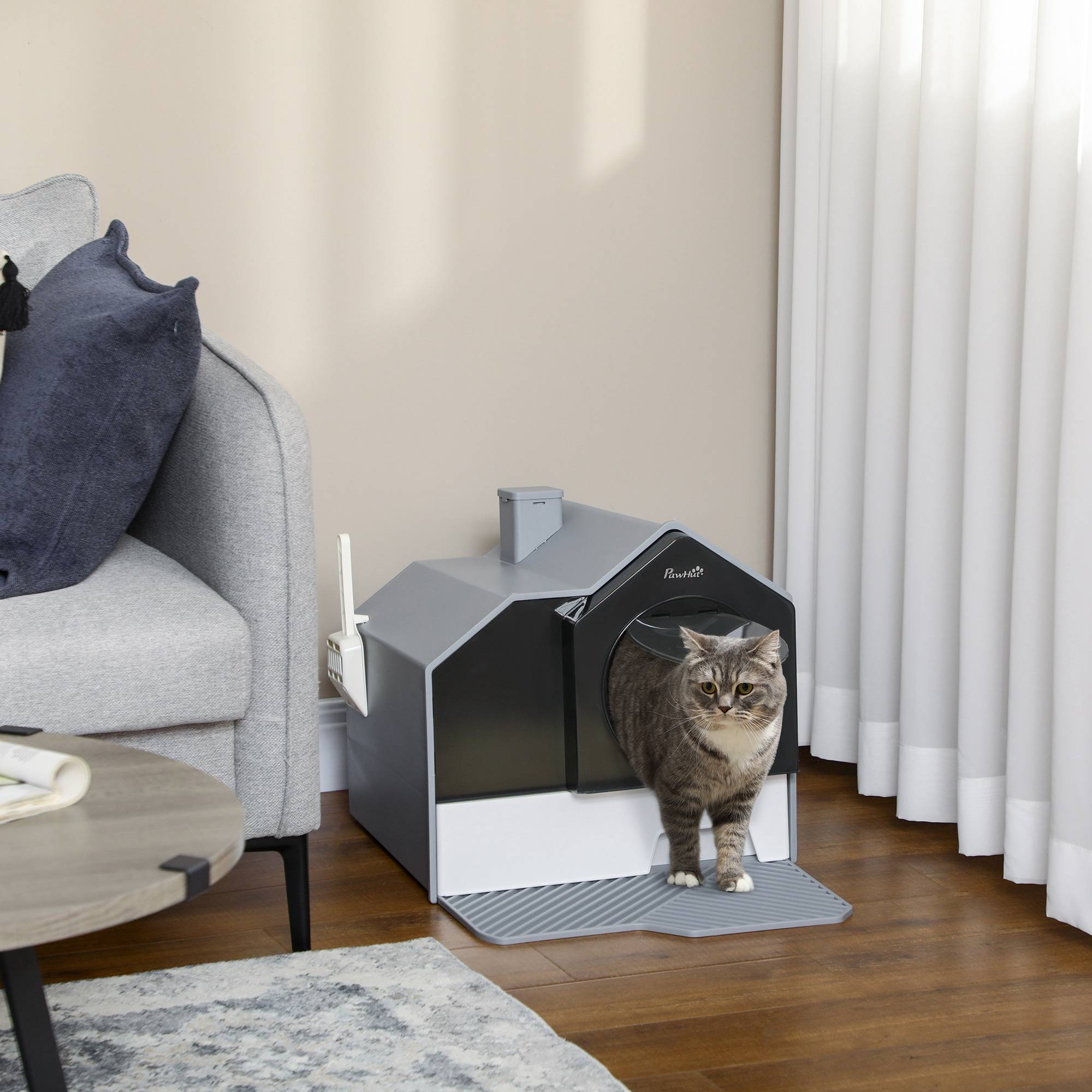 Sans Marque - Bac à litière pour chat au design mignon, 1 tapis filtrant, 1 pelle à litière, bac de base amovible, gris - Image 2