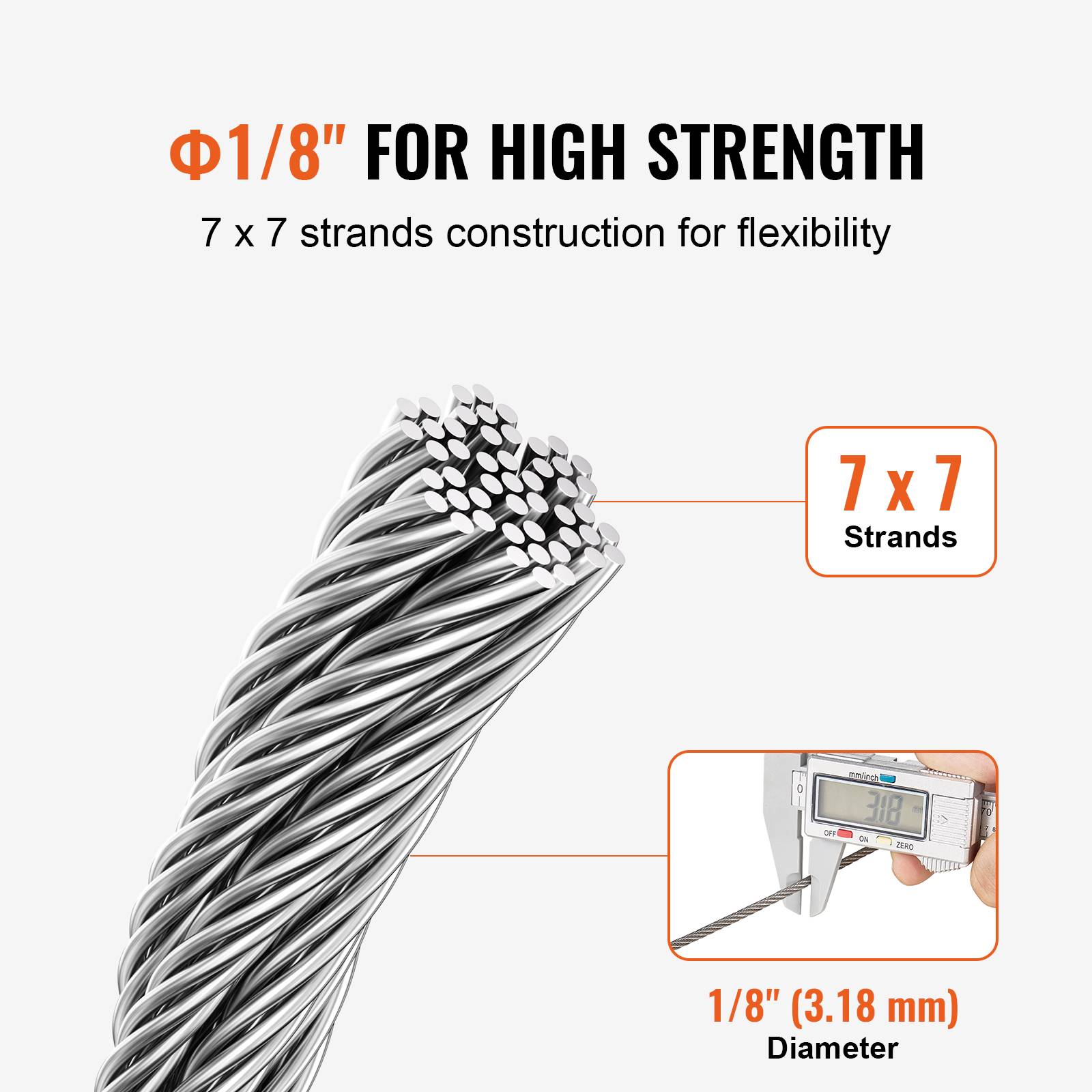 Vevor - Câble acier inox 316 7x7, Ø 3,18 mm x 305 m, résistance 7,1 kN, livré avec coupe-câble et gants. - Image 3