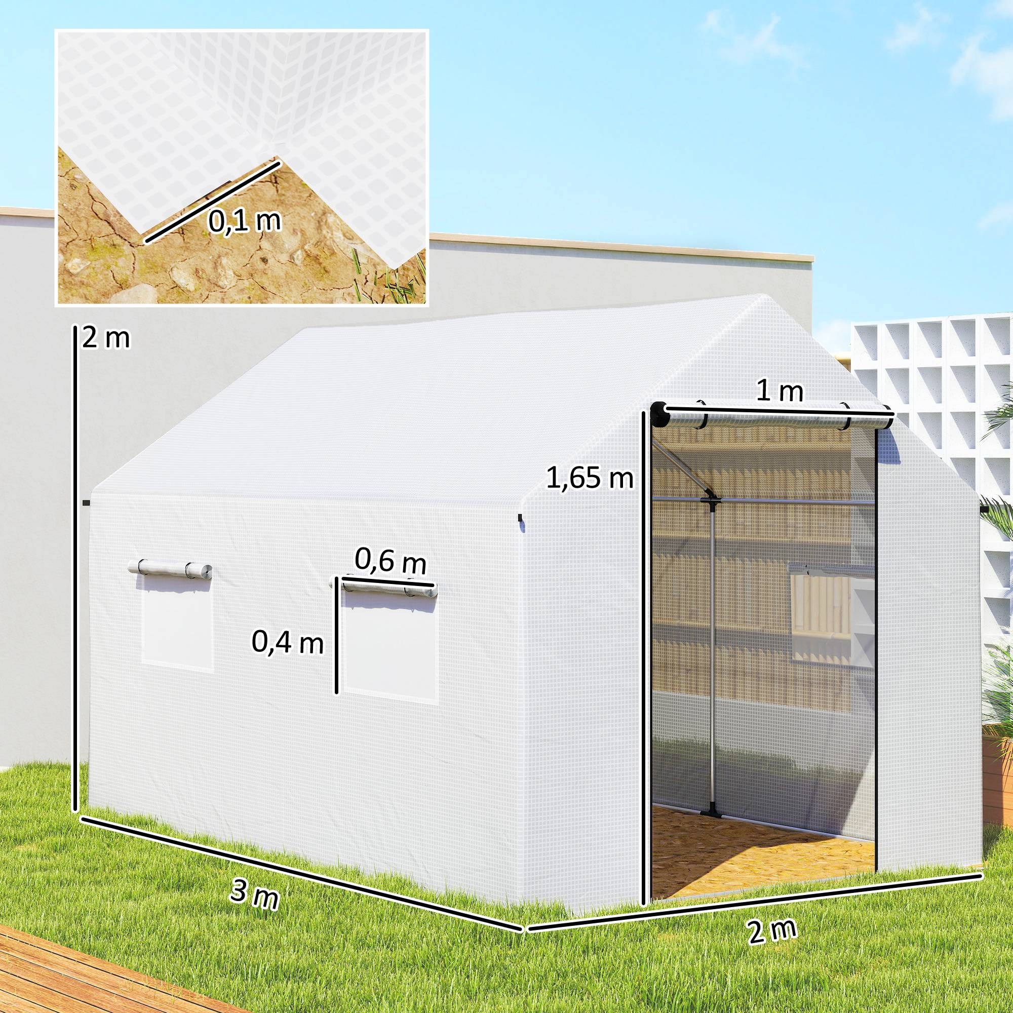 Serre 3 x 2 x 2 m, moustiquaire, toit pointu, 4 fenêtres, Blanc - Image 5