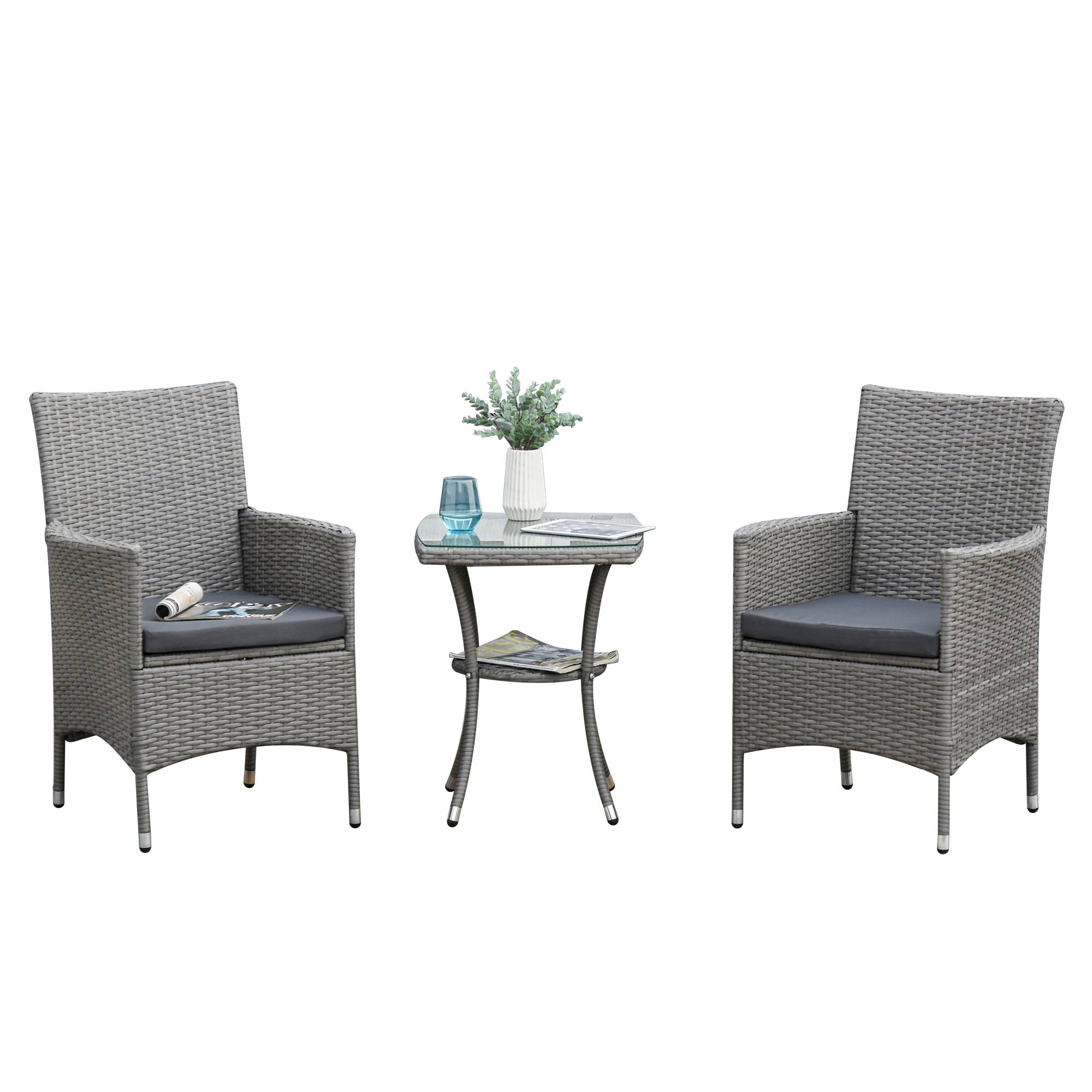 ComfortXL - Salon de jardin 2 places en résine tressée grise métal 3 pièces pour balcon avec coussins et table en verre - Image 2