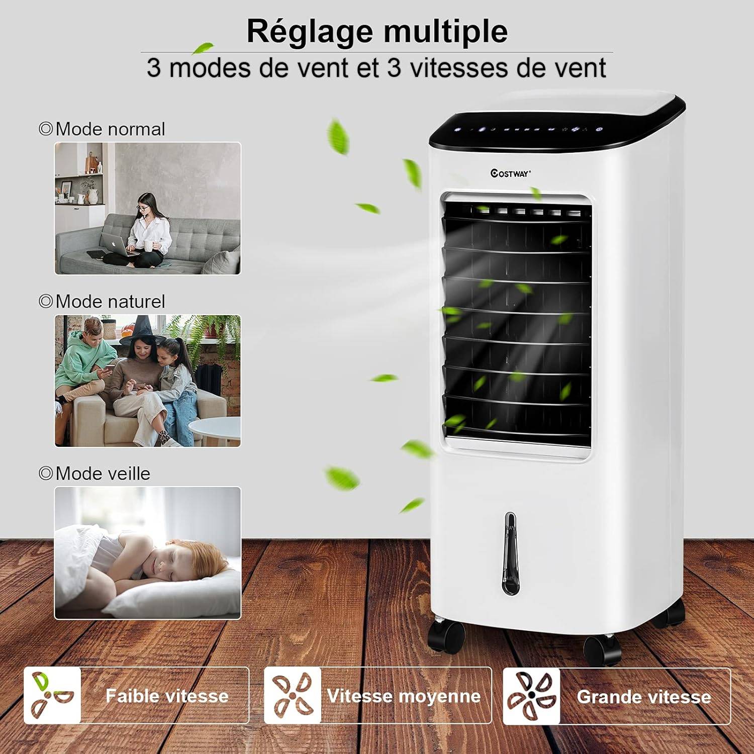 Climatiseur Mobile Silencieux 4-en-1, Réservoir d'Eau de 7L, Rafraîchisseur d'Air avec Télécommandé, Ventilateur à 3Vitesses, Minuterie de 7,5H - Image 2