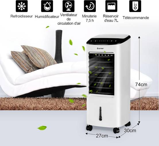 Climatiseur Mobile Silencieux 4-en-1, Réservoir d'Eau de 7L, Rafraîchisseur d'Air avec Télécommandé, Ventilateur à 3Vitesses, Minuterie de 7,5H - Image 3