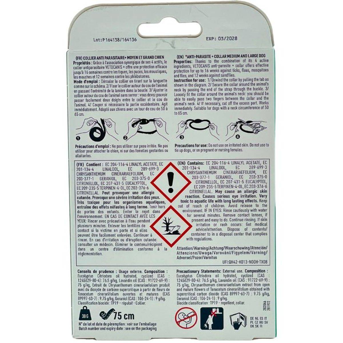 Collier anti-parasitaire VETOCANIS pour chien adulte 75 cm noir - anti-puces, tiques, moustiques, mouches - Image 4