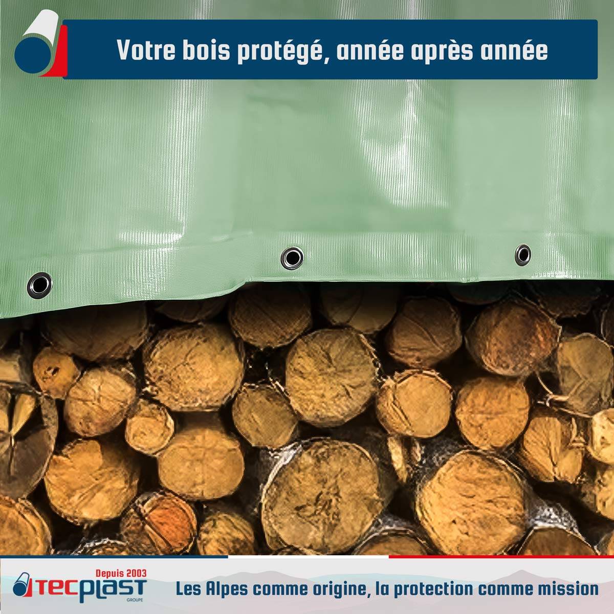 Bâche Bois 3x5 m LP506BO Vert Sauge - Garantie 5 ans - Bâche de protection étanche en PVC pour Bois de chauffage TECPLAST - Image 2