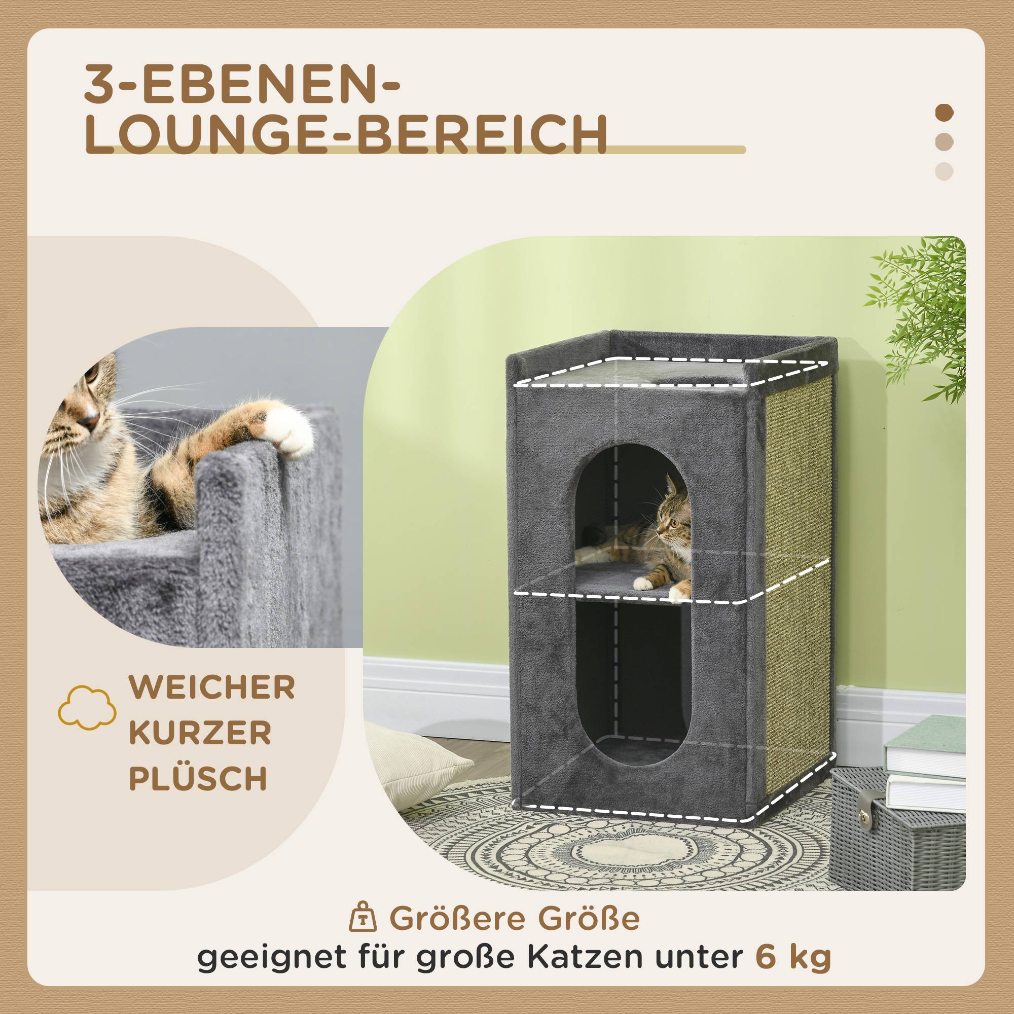 Tonneau griffoir 2 niches bois et sisal espace repos plateau observation gris 81cm - ComfortXL Outdoor Living - Image 7