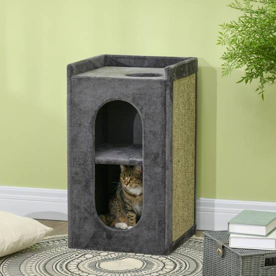 Tonneau griffoir 2 niches bois et sisal espace repos plateau observation gris 81cm - ComfortXL Outdoor Living - Image 3