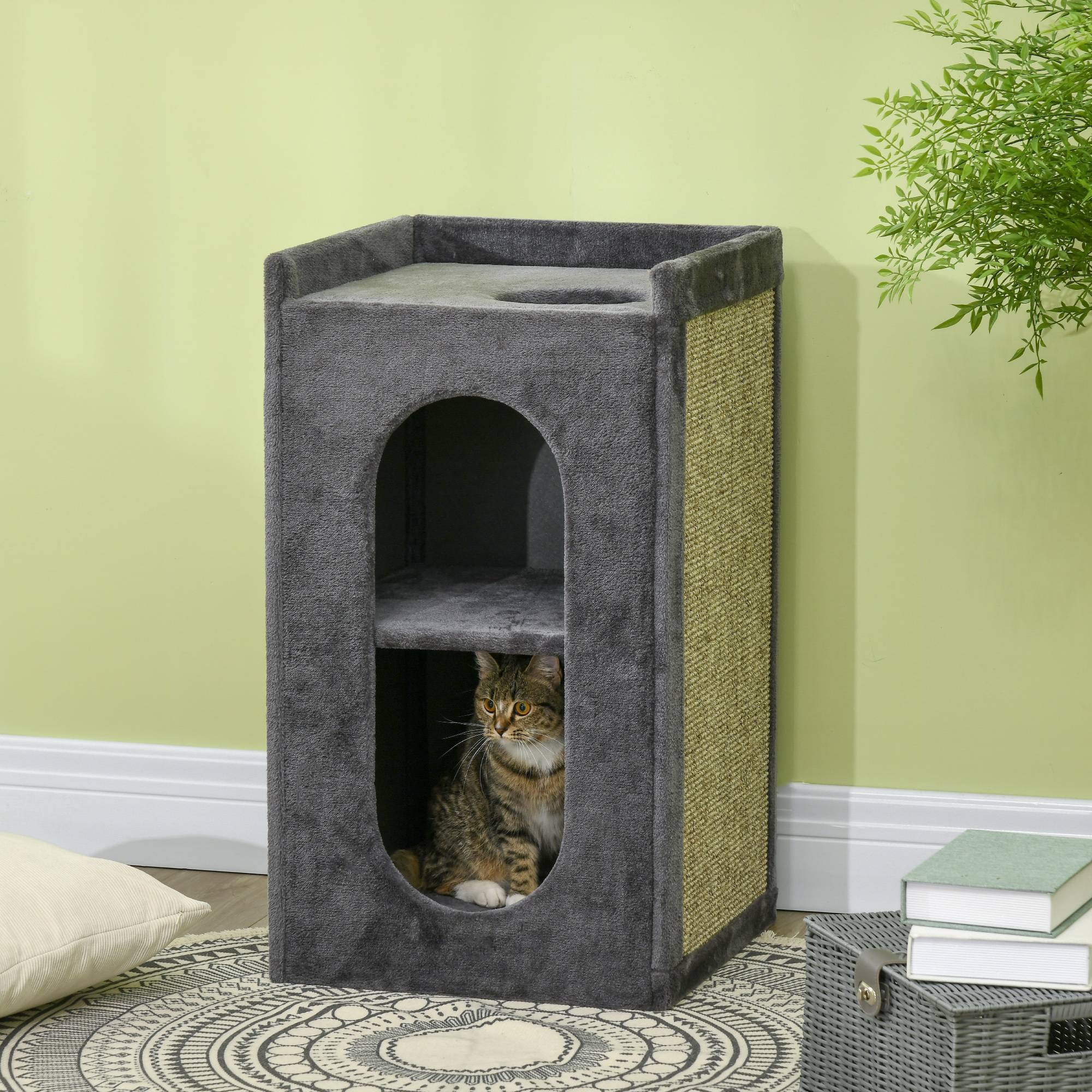 Tonneau griffoir 2 niches bois et sisal espace repos plateau observation gris 81cm - ComfortXL Outdoor Living - Image 3