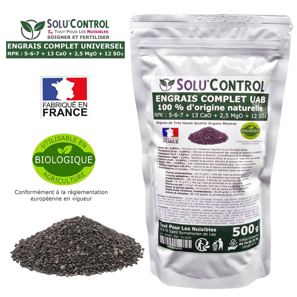 SOLU’CONTROL - 500 g d'ENGRAIS COMPLET universel et équilibré - UAB - Utilisable en Agriculture Biologique - Image 2
