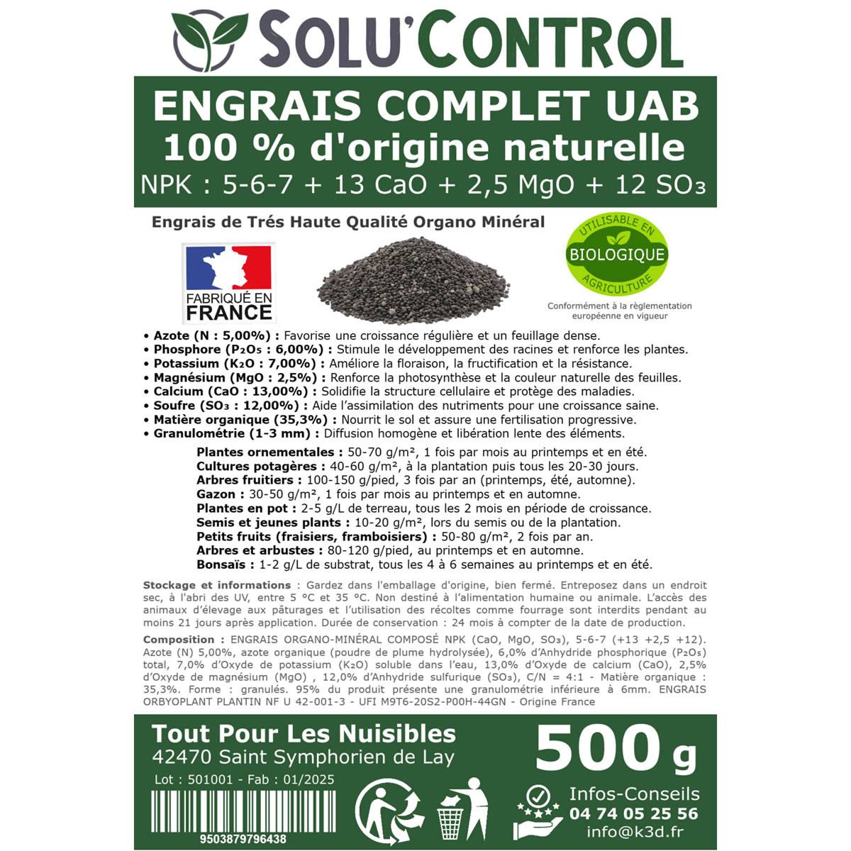 SOLU’CONTROL - 500 g d'ENGRAIS COMPLET universel et équilibré - UAB - Utilisable en Agriculture Biologique - Image 3
