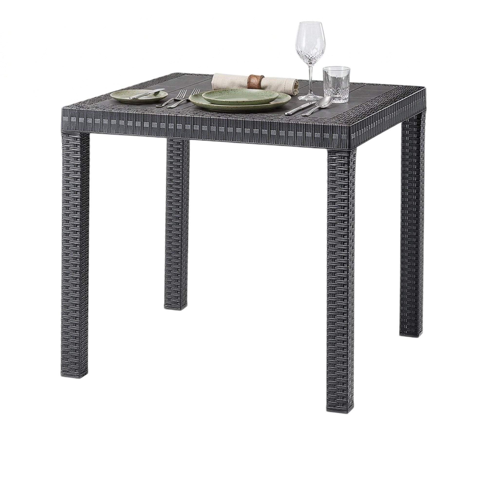 Dmora - Table d'extérieur Marte, Etagère carrée fixe, Table de jardin polyvalente effet rotin, 100% Made in Italy, 80x80h74 cm, Anthracite - Dmora - Image 1