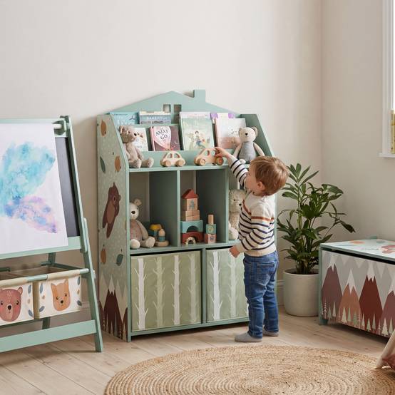 Étagère à jouets pour enfants avec tiroirs en tissu, étagères ouvertes, motif ours en peluche, rangement de jouets vert - Image 3