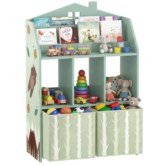 Étagère à jouets pour enfants avec tiroirs en tissu, étagères ouvertes, motif ours en peluche, rangement de jouets vert - Image 1