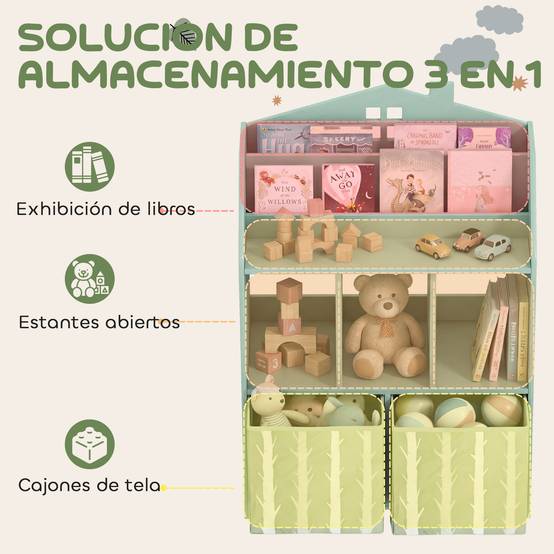 Étagère à jouets pour enfants avec tiroirs en tissu, étagères ouvertes, motif ours en peluche, rangement de jouets vert - Image 6