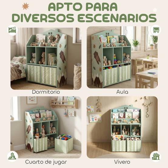 Étagère à jouets pour enfants avec tiroirs en tissu, étagères ouvertes, motif ours en peluche, rangement de jouets vert - Image 10