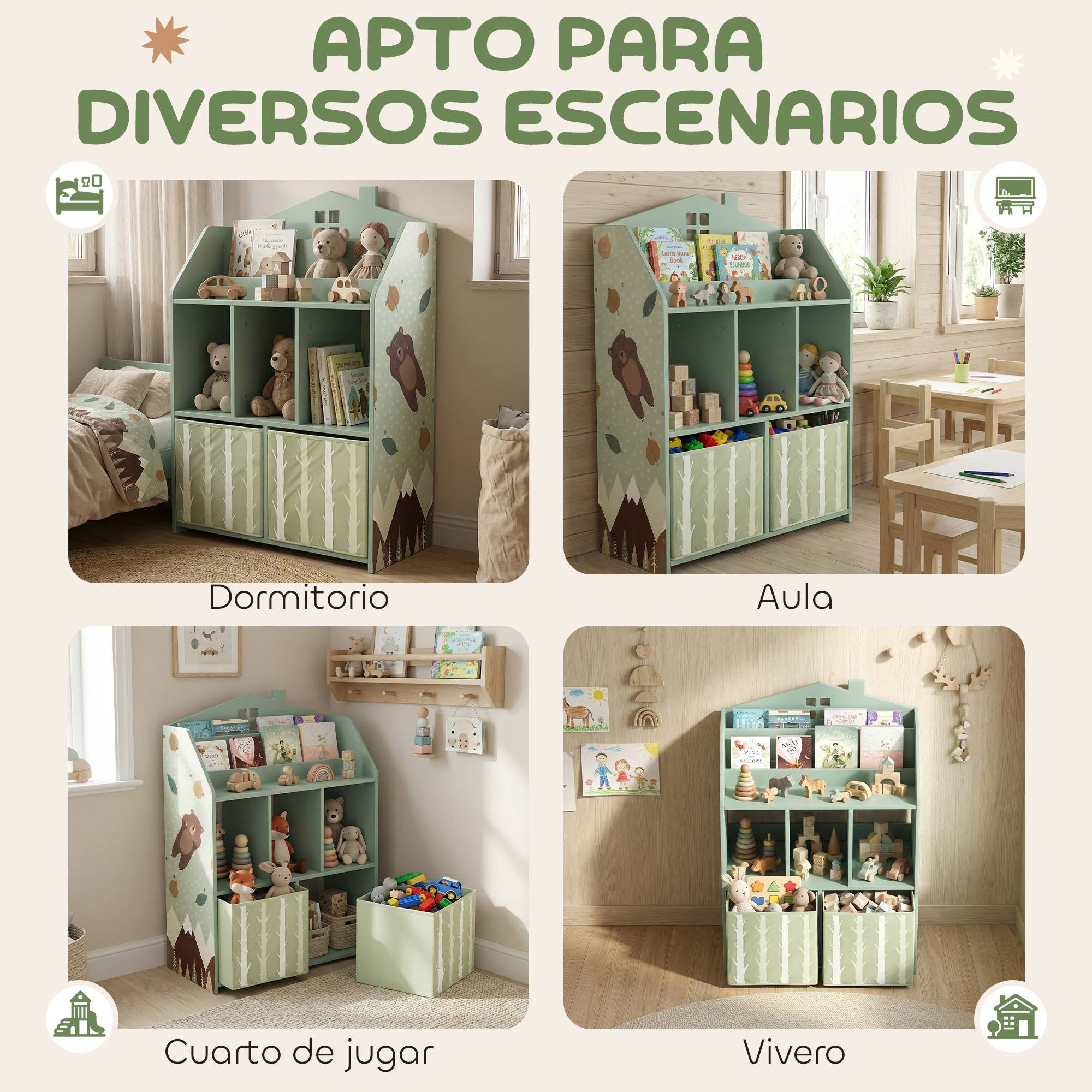 Étagère à jouets pour enfants avec tiroirs en tissu, étagères ouvertes, motif ours en peluche, rangement de jouets vert - Image 10