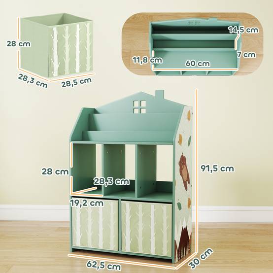 Étagère à jouets pour enfants avec tiroirs en tissu, étagères ouvertes, motif ours en peluche, rangement de jouets vert - Image 5