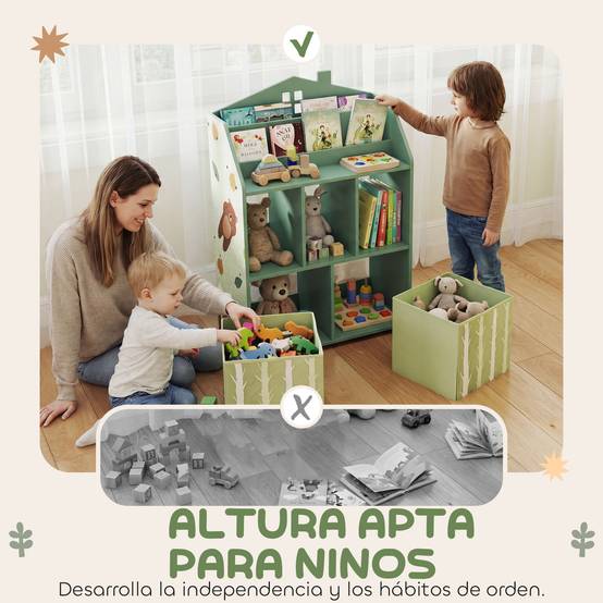 Étagère à jouets pour enfants avec tiroirs en tissu, étagères ouvertes, motif ours en peluche, rangement de jouets vert - Image 7