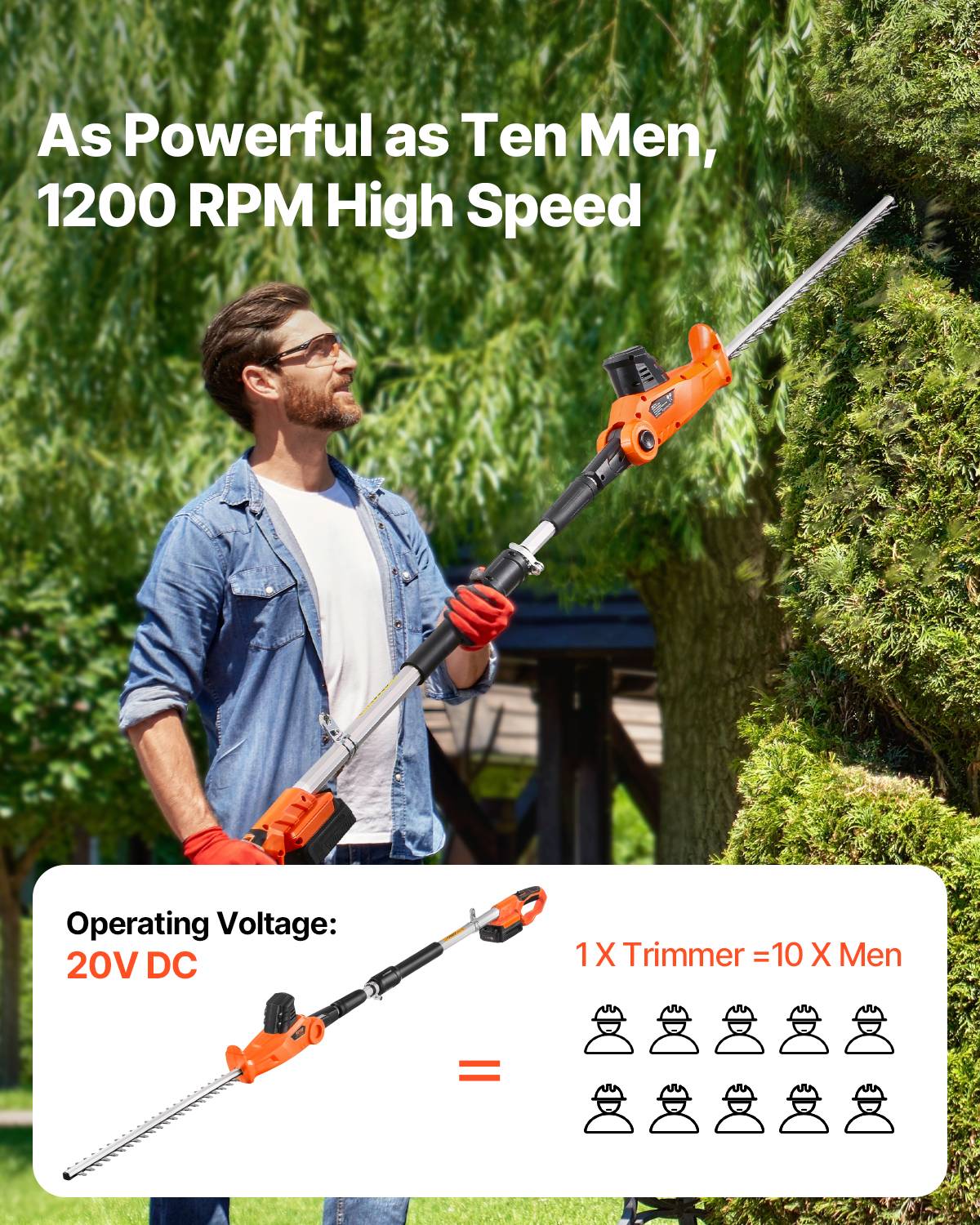 VEVOR Taille-haie sur perche 20V sans fil, lame 510 mm, 5 angles 30°-150°, perche 1,9-2,4 m extensible. - Image 3