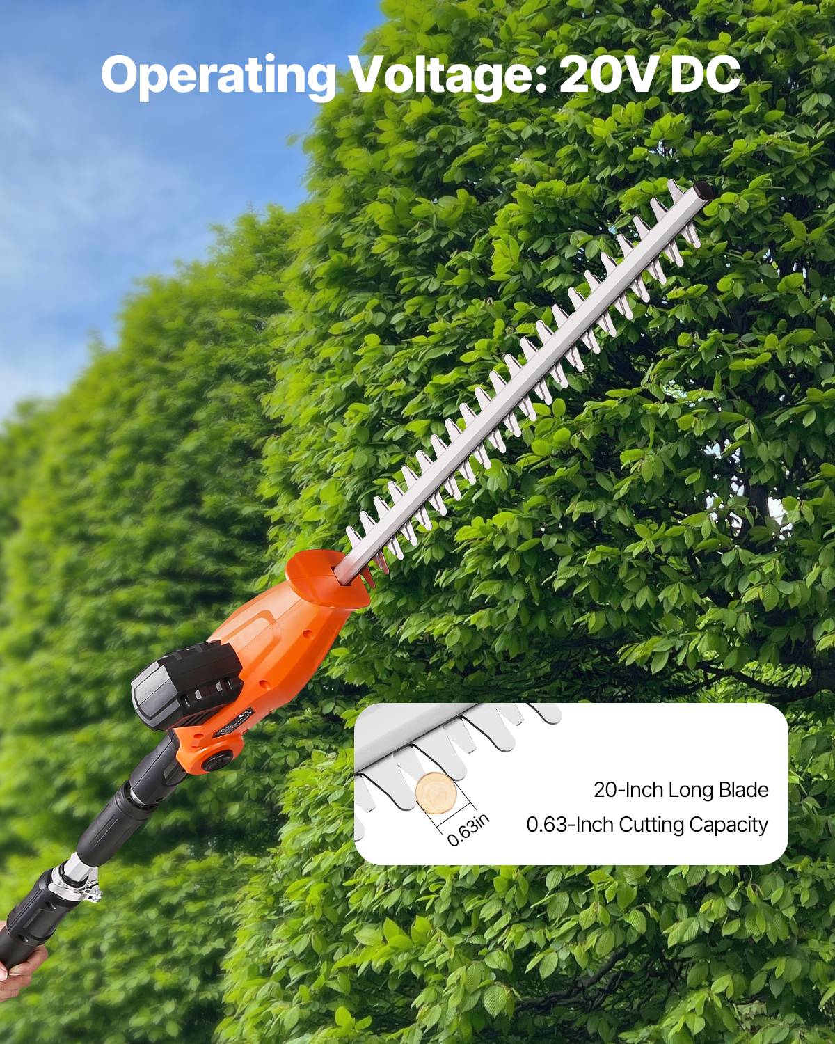 VEVOR Taille-haie sur perche 20V sans fil, lame 510 mm, 5 angles 30°-150°, perche 1,9-2,4 m extensible. - Image 2