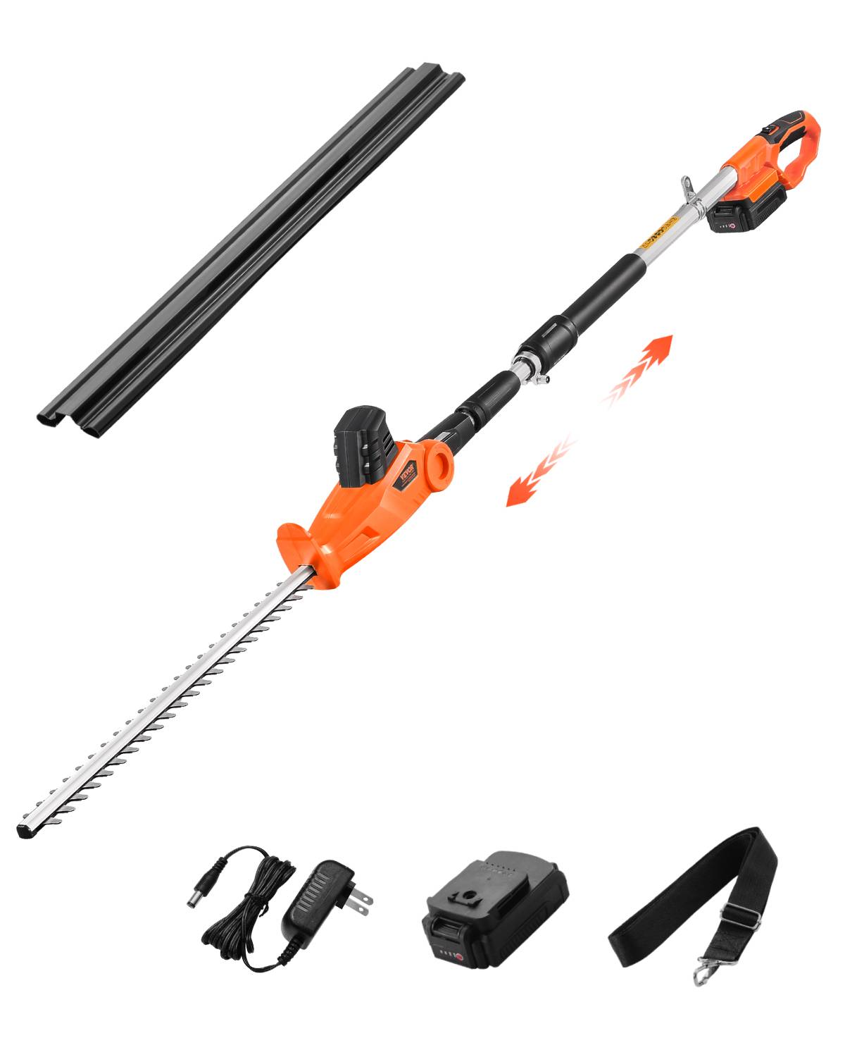 VEVOR Taille-haie sur perche 20V sans fil, lame 510 mm, 5 angles 30°-150°, perche 1,9-2,4 m extensible. - Image 1