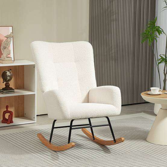 Sans Marque - Fauteuil à bascule en tissu effet laine bouclée avec pieds en bois massif d'hévéa pour chambre, salon, crème - Image 4
