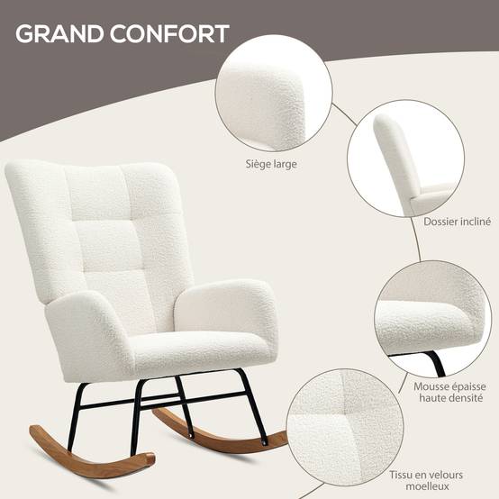 Sans Marque - Fauteuil à bascule en tissu effet laine bouclée avec pieds en bois massif d'hévéa pour chambre, salon, crème - Image 7