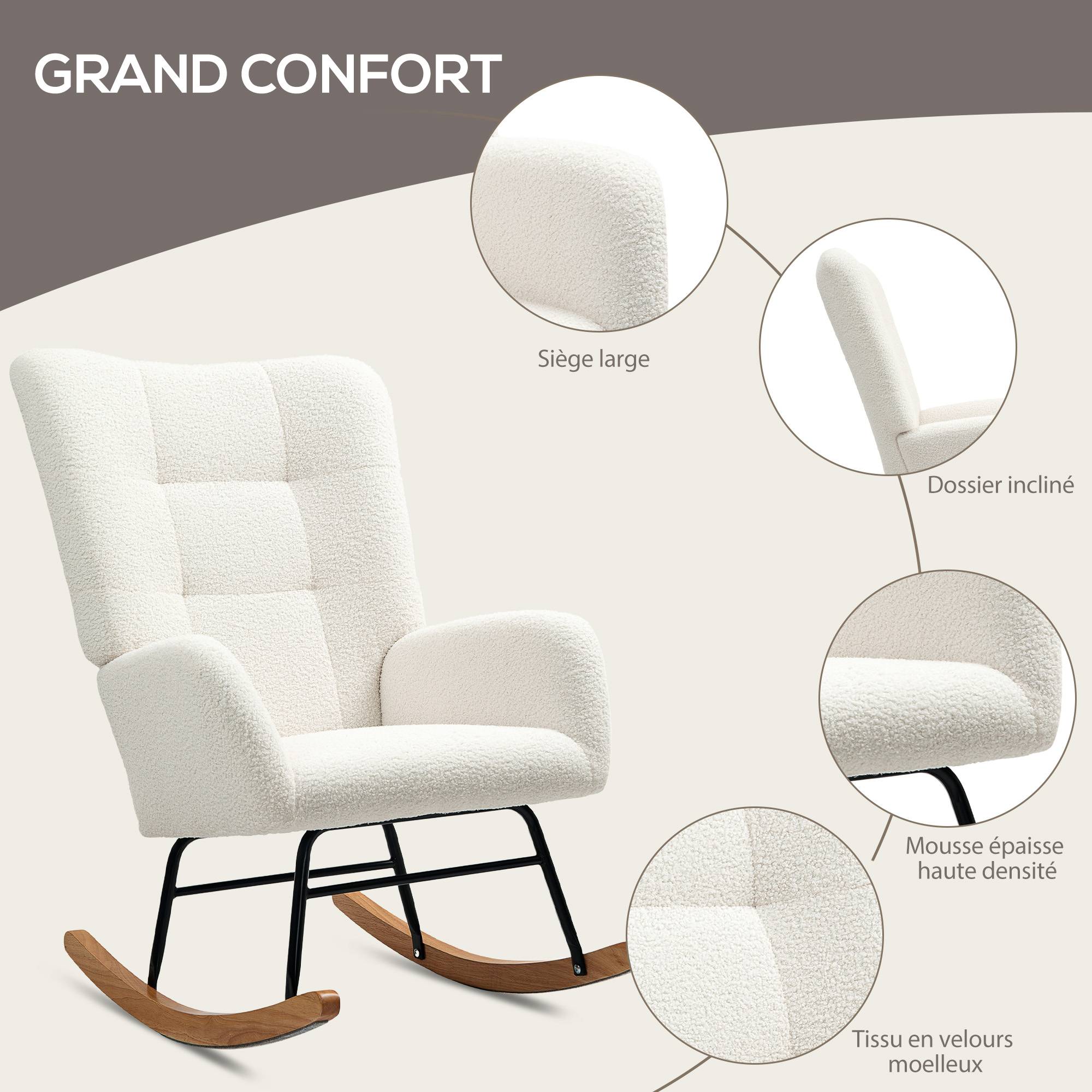 Sans Marque - Fauteuil à bascule en tissu effet laine bouclée avec pieds en bois massif d'hévéa pour chambre, salon, crème - Image 7