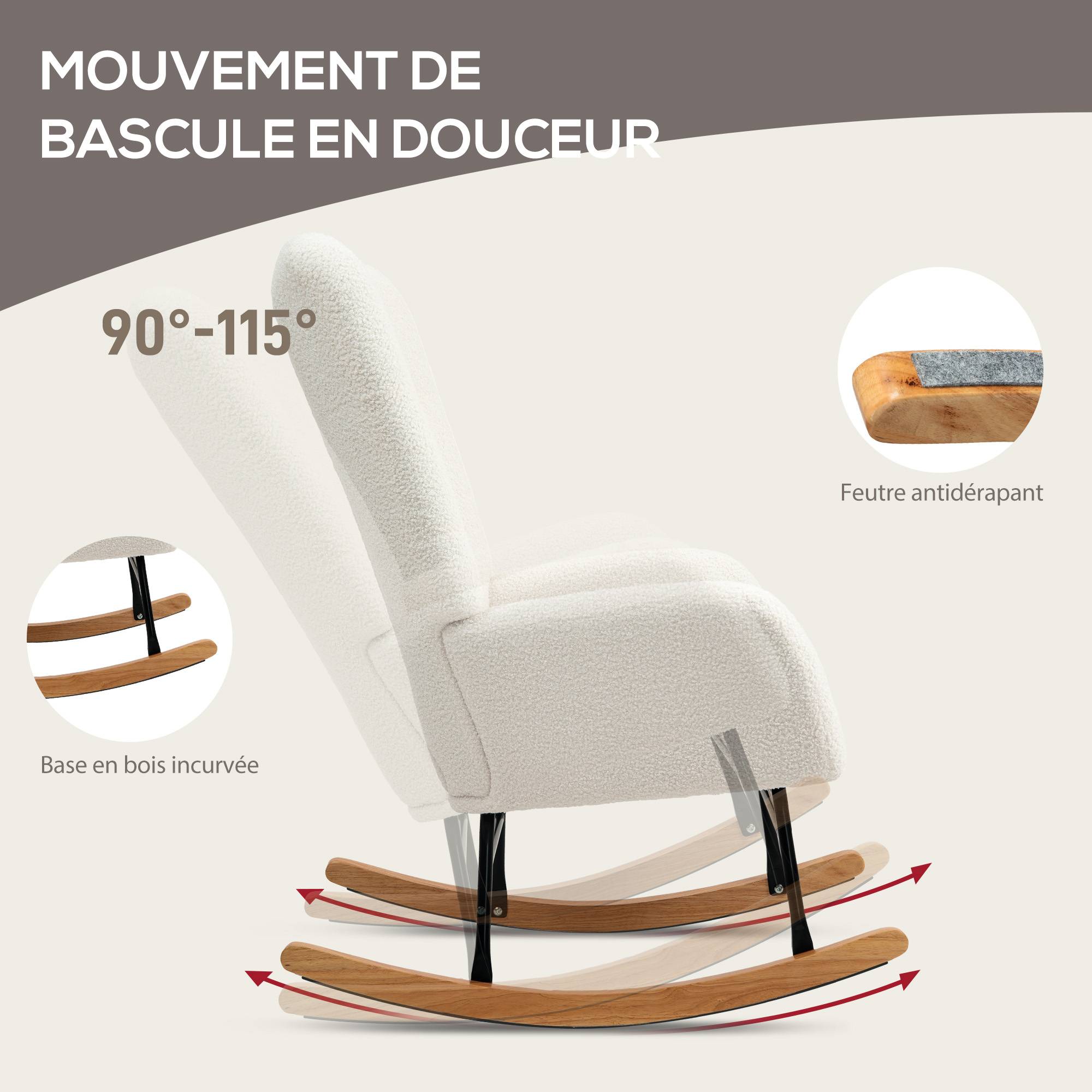 Sans Marque - Fauteuil à bascule en tissu effet laine bouclée avec pieds en bois massif d'hévéa pour chambre, salon, crème - Image 6