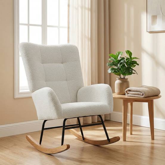 Sans Marque - Fauteuil à bascule en tissu effet laine bouclée avec pieds en bois massif d'hévéa pour chambre, salon, crème - Image 9