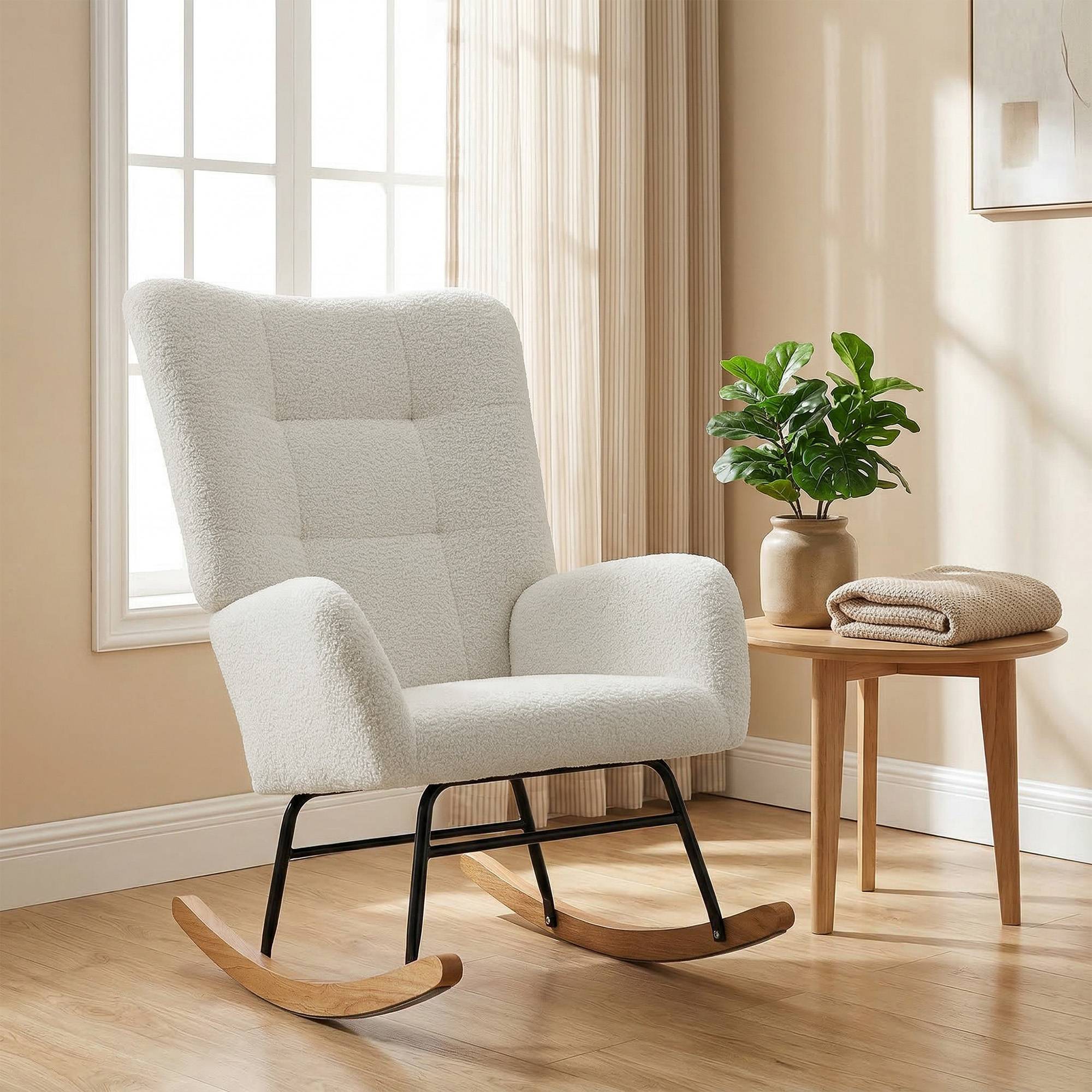 Sans Marque - Fauteuil à bascule en tissu effet laine bouclée avec pieds en bois massif d'hévéa pour chambre, salon, crème - Image 9